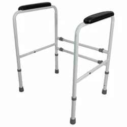 Toilet frame support with adjustable height and width, featuring padded handrails.