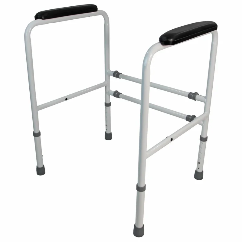 Toilet frame support with adjustable height and width, featuring padded handrails.