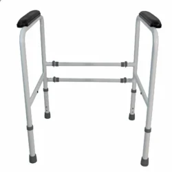 Toilet frame support with adjustable height and width, featuring padded handrails.