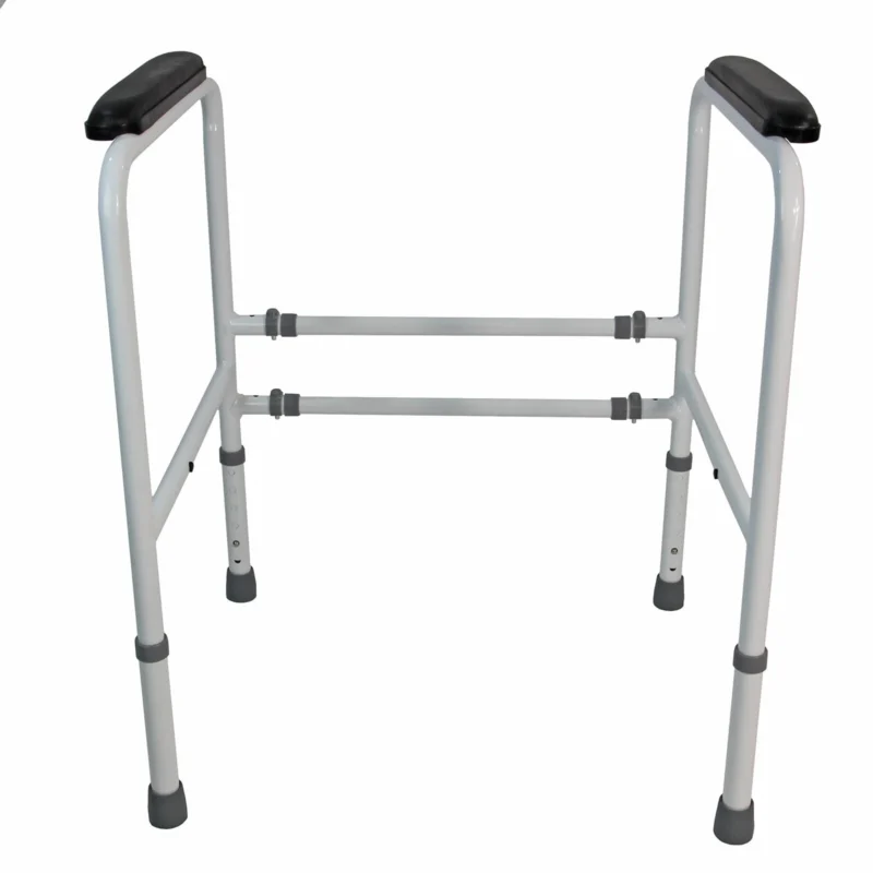 Toilet frame support with adjustable height and width, featuring padded handrails.