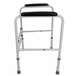 White metal toilet frame with black padded handrails.