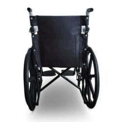 Rear view of a black foldable wheelchair with large rear wheels.