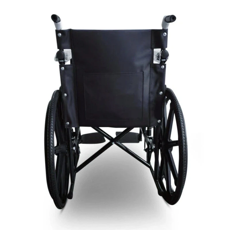 Rear view of a black foldable wheelchair with large rear wheels.
