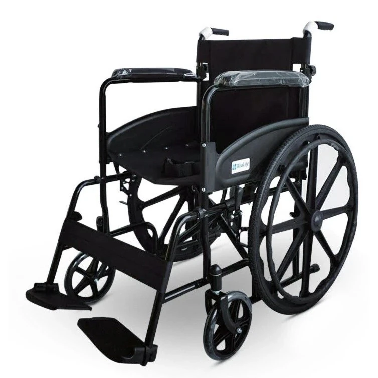 Black foldable manual wheelchair with large rear wheels.