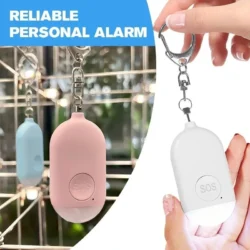Two personal alarms in pink and white, one held in hand, with SOS button visible.