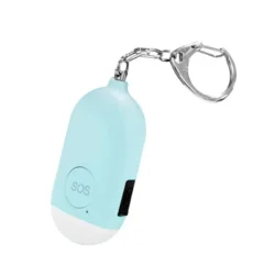 Light blue personal alarm with SOS button and keychain.