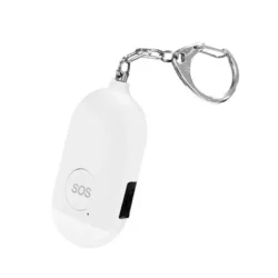White personal alarm with SOS button and keychain.