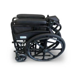Folded black wheelchair with large rear wheels and padded armrests.