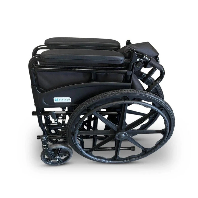 Folded black wheelchair with large rear wheels and padded armrests.
