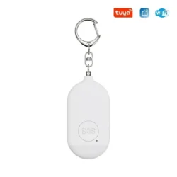 White personal alarm with keychain and SOS button.