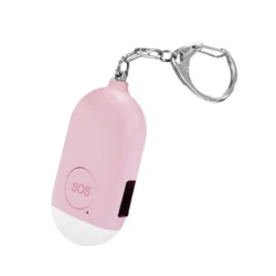 Pink personal alarm with SOS button and keychain.