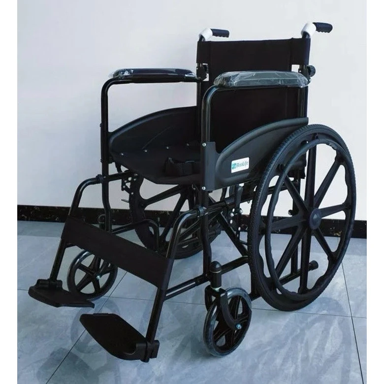Black foldable wheelchair with large rear wheels and padded armrests.