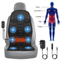 Heated massage seat cushion on car seat with control and power adapters.