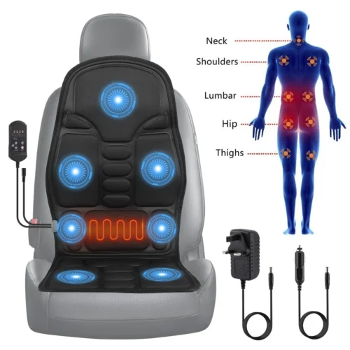 Heated massage seat cushion on car seat with control and power adapters.
