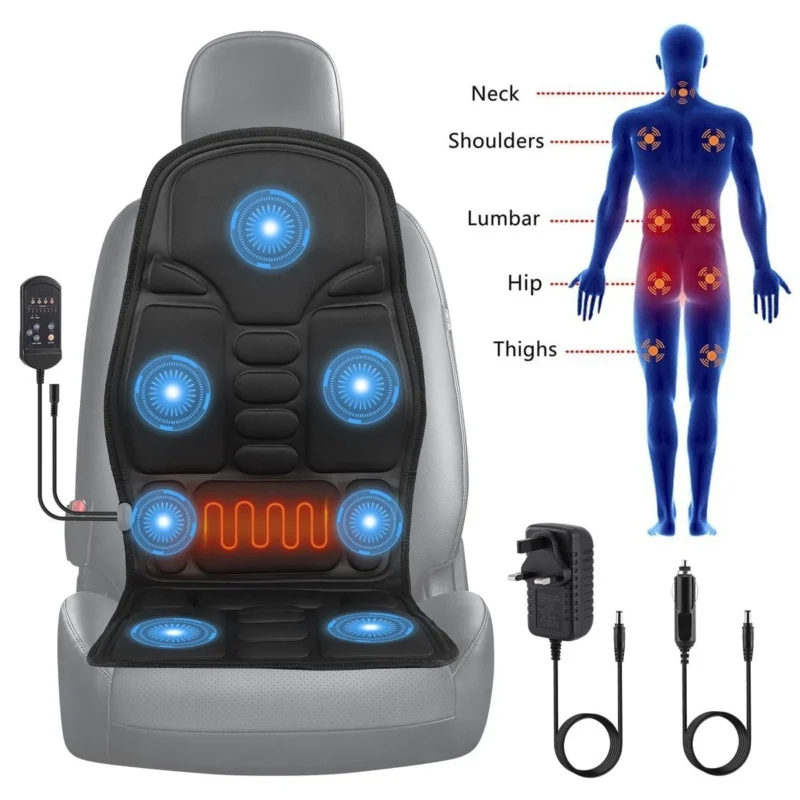 Heated massage seat cushion on car seat with control and power adapters.