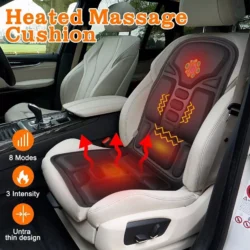 Heated massage seat cushion placed on a car seat with visible heat and massage indicators.