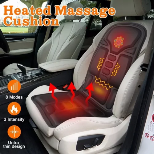 Heated massage seat cushion placed on a car seat with visible heat and massage indicators.