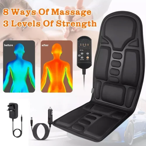Heated massage seat cushion with remote, adapters, and thermal body images.