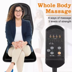 Woman sitting on a heated massage seat cushion with a remote control shown.