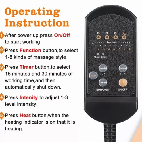 Remote control with instructions for massage seat cushion.