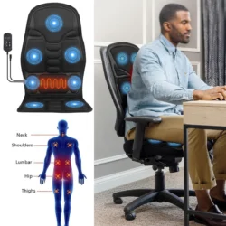 Man using a heated massage seat cushion on an office chair.