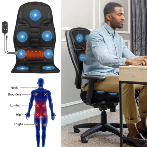 Man using a heated massage seat cushion on an office chair.