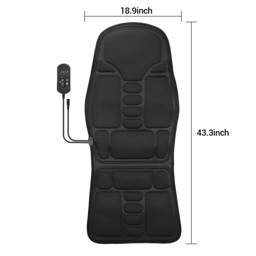 Black heated massage seat cushion with dimensions 18.9 inches by 43.3 inches.