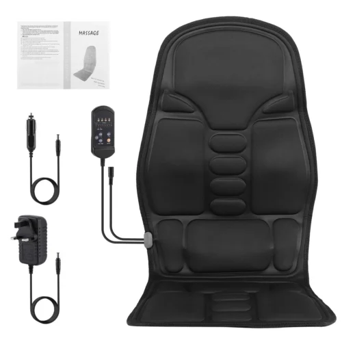 Black heated massage seat cushion with remote and power adapters.