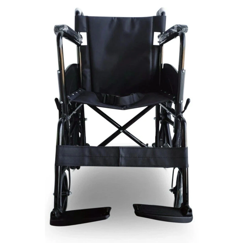 Front view of a black foldable wheelchair with padded armrests.