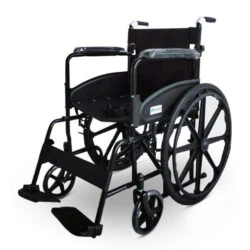 Black lightweight foldable manual wheelchair with large rear wheels.