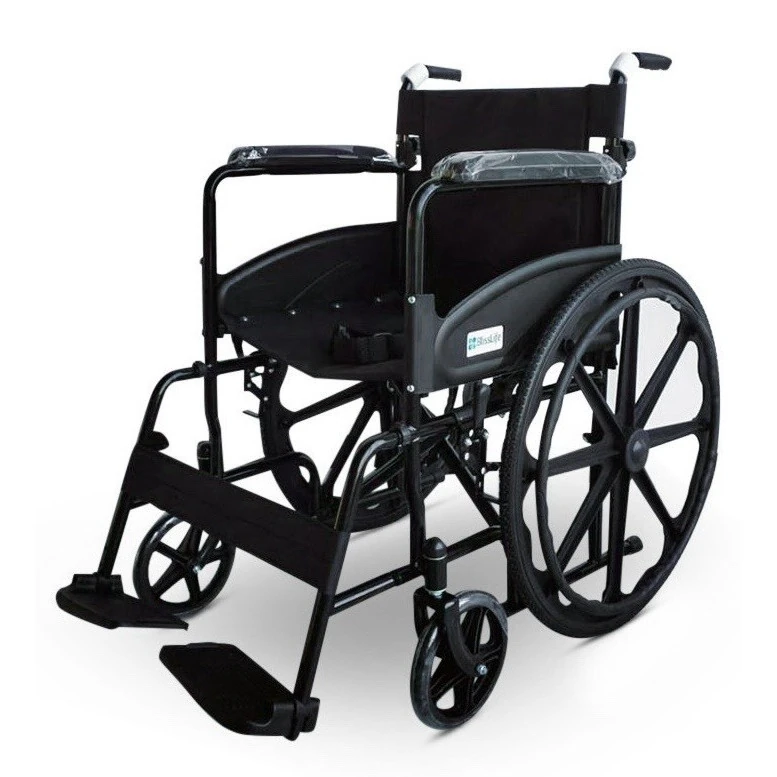 Black lightweight foldable manual wheelchair with large rear wheels.