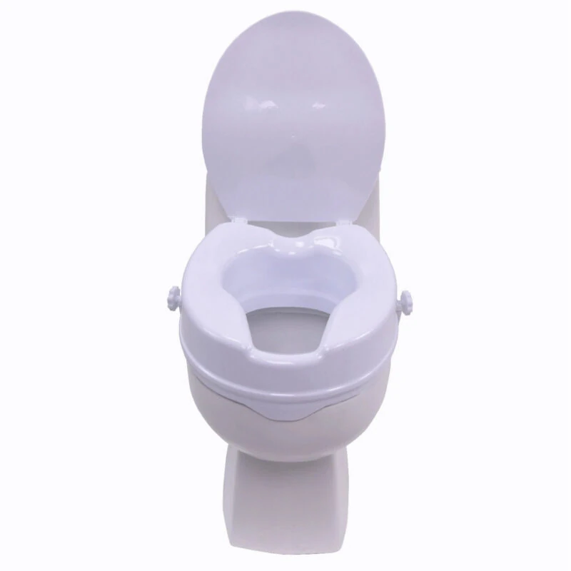 Raised toilet seat with lid attached, viewed from the front.