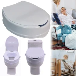 Raised toilet seat aid with lid shown on toilet and in use by elderly individuals.