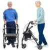 Two elderly individuals using a foldable rollator walker.
