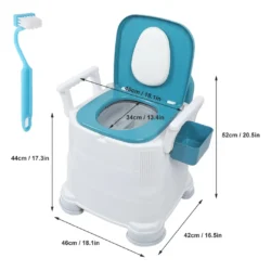 White and blue bedside commode with detachable armrests and brush.
