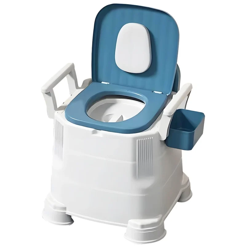 White and blue bedside commode with detachable armrests.