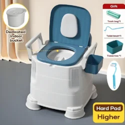 Bedside commode with detachable armrests and accessories.