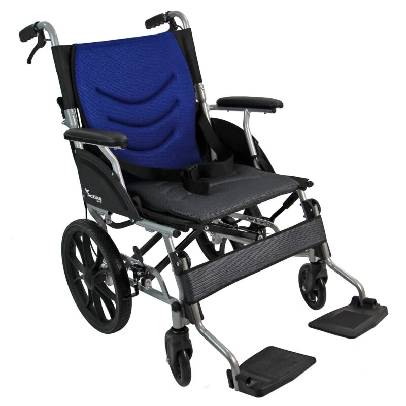 Lightweight aluminium wheelchair with blue backrest and black seat.