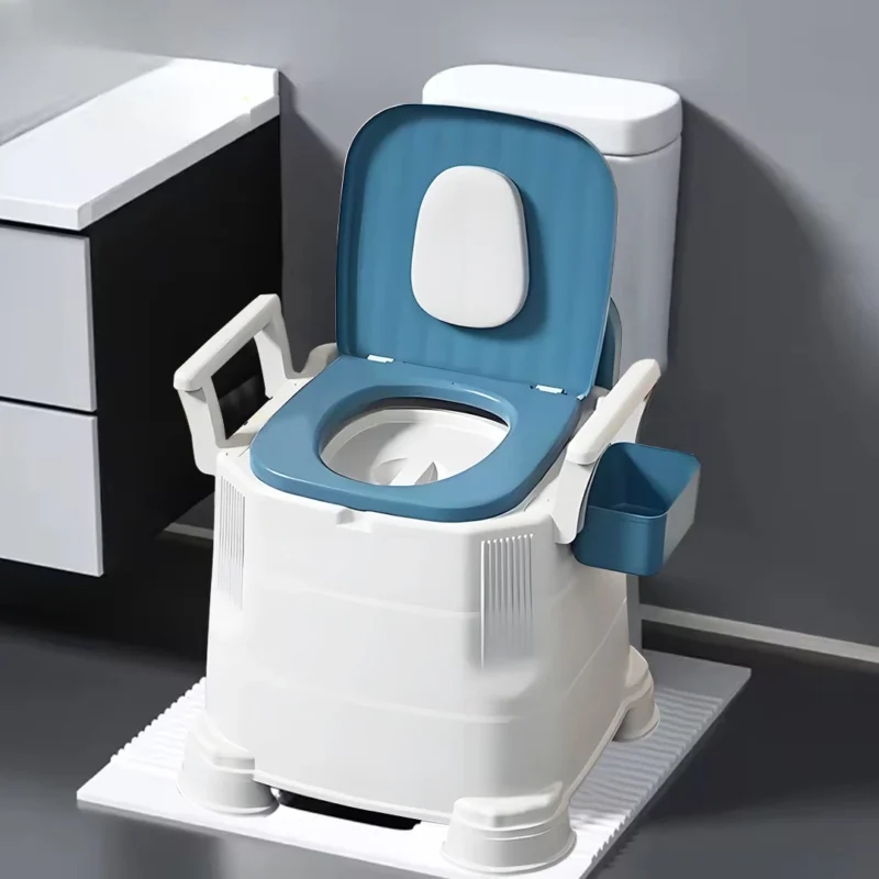 White bedside commode with blue seat and detachable armrests.