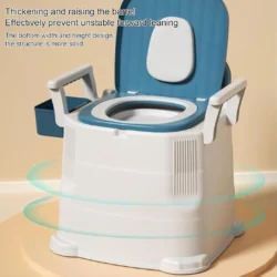 White bedside commode with blue seat and detachable armrests.