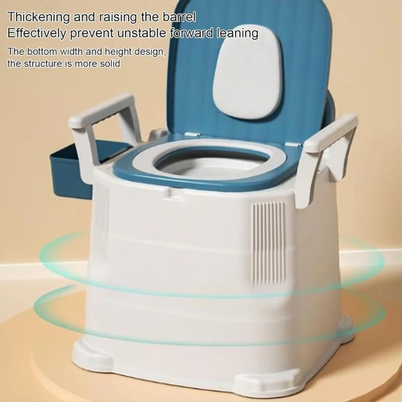 White bedside commode with blue seat and detachable armrests.