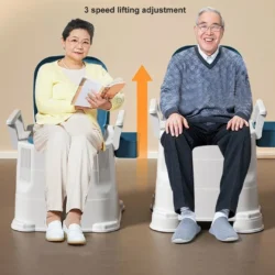 Two people sitting on adjustable bedside commodes with detachable armrests.