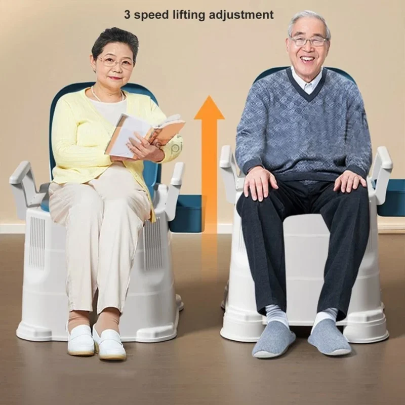 Two people sitting on adjustable bedside commodes with detachable armrests.