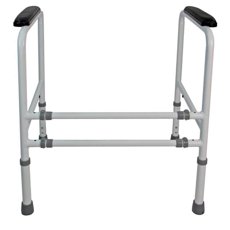 White toilet frame support with padded handrails and adjustable legs.
