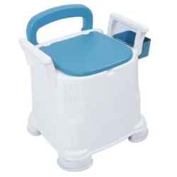 White and blue portable bedside commode with detachable armrests.