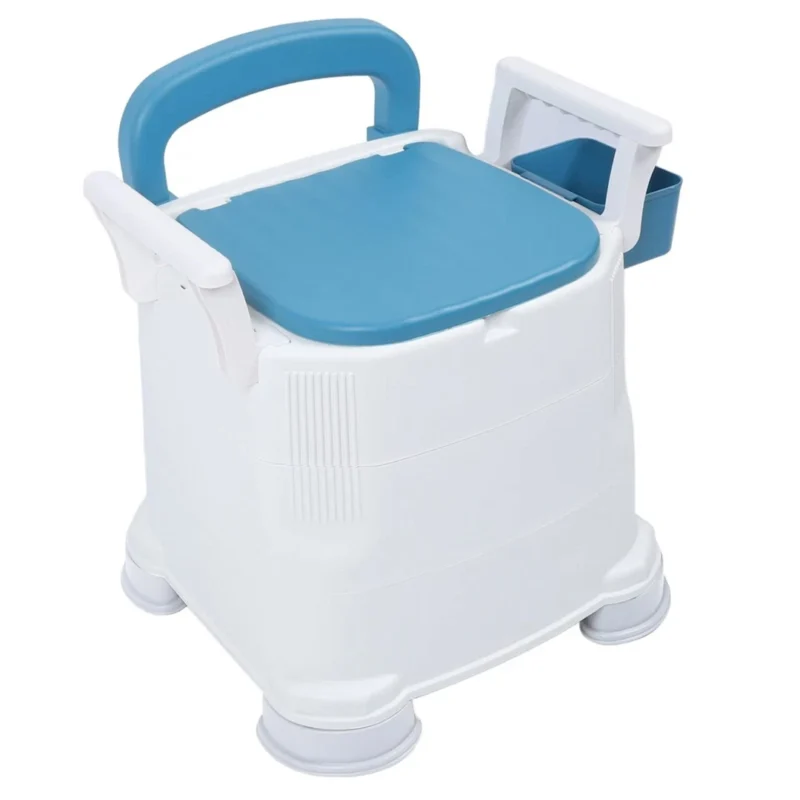 White and blue portable bedside commode with detachable armrests.
