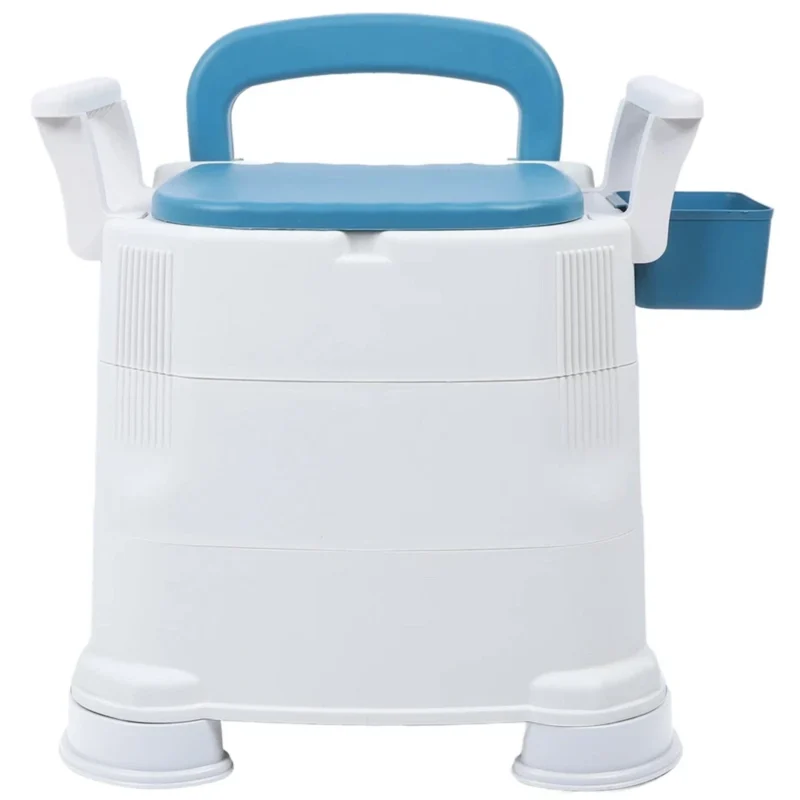 White bedside commode with blue seat and detachable armrests.