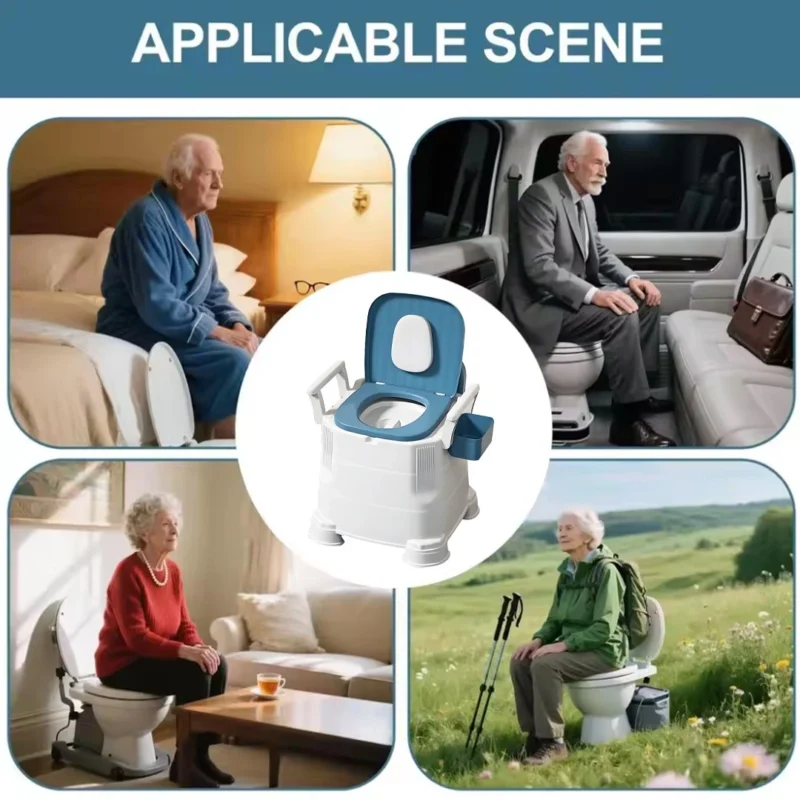 Adult bedside commode shown in bedroom, vehicle, living room, and outdoors.
