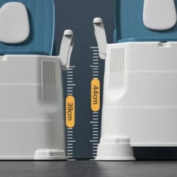 Close-up of bedside commode showing adjustable height options at 39cm and 44cm.