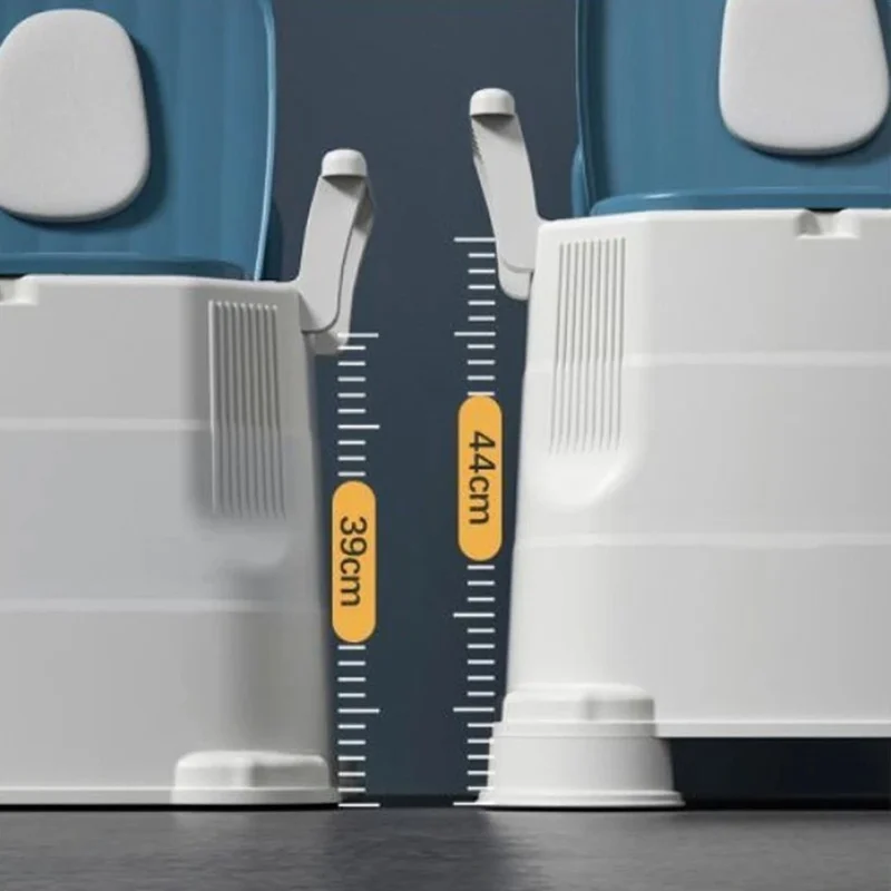 Close-up of bedside commode showing adjustable height options at 39cm and 44cm.